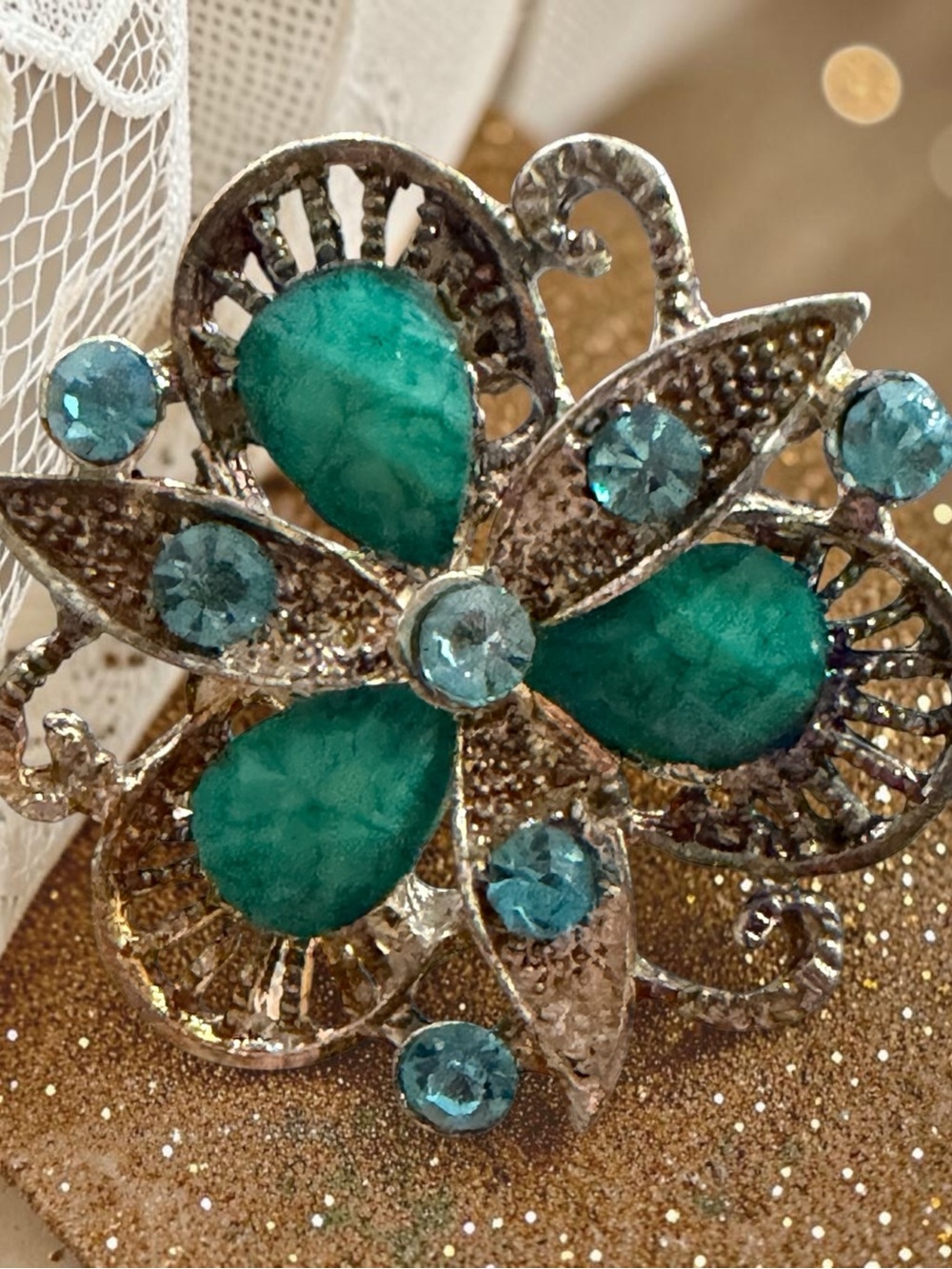 Vintage Style Teal Flower Adjustable Ring with Blue Crystals